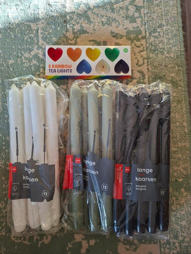 Hema kaarsen: zwart, groen, wit & regenboog theelichtjes, Ophalen of Verzenden