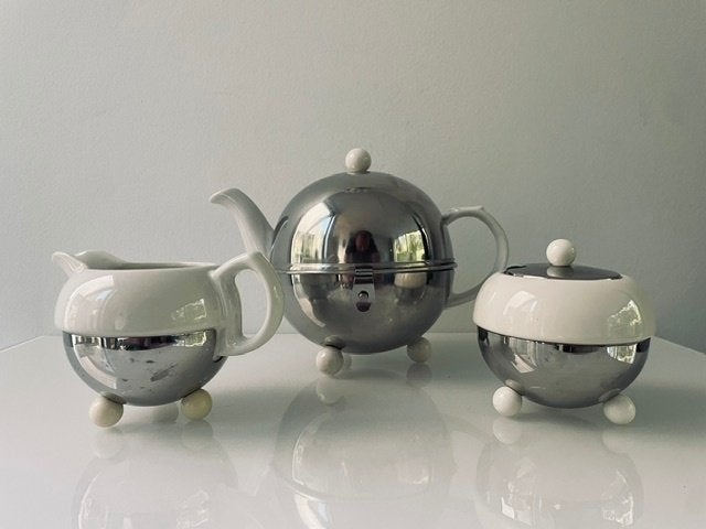 Vintage theeservies / koffieservies keramiek & RVS – 3-delig, Overige materialen, Gebruikt, Overige merken, Ophalen of Verzenden