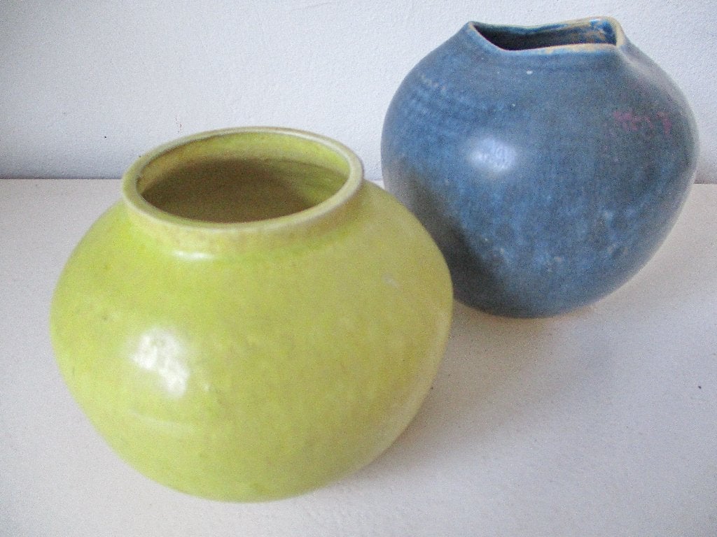Vintage mooi of mooie vaas vazen set geel en blauw, Ophalen of Verzenden