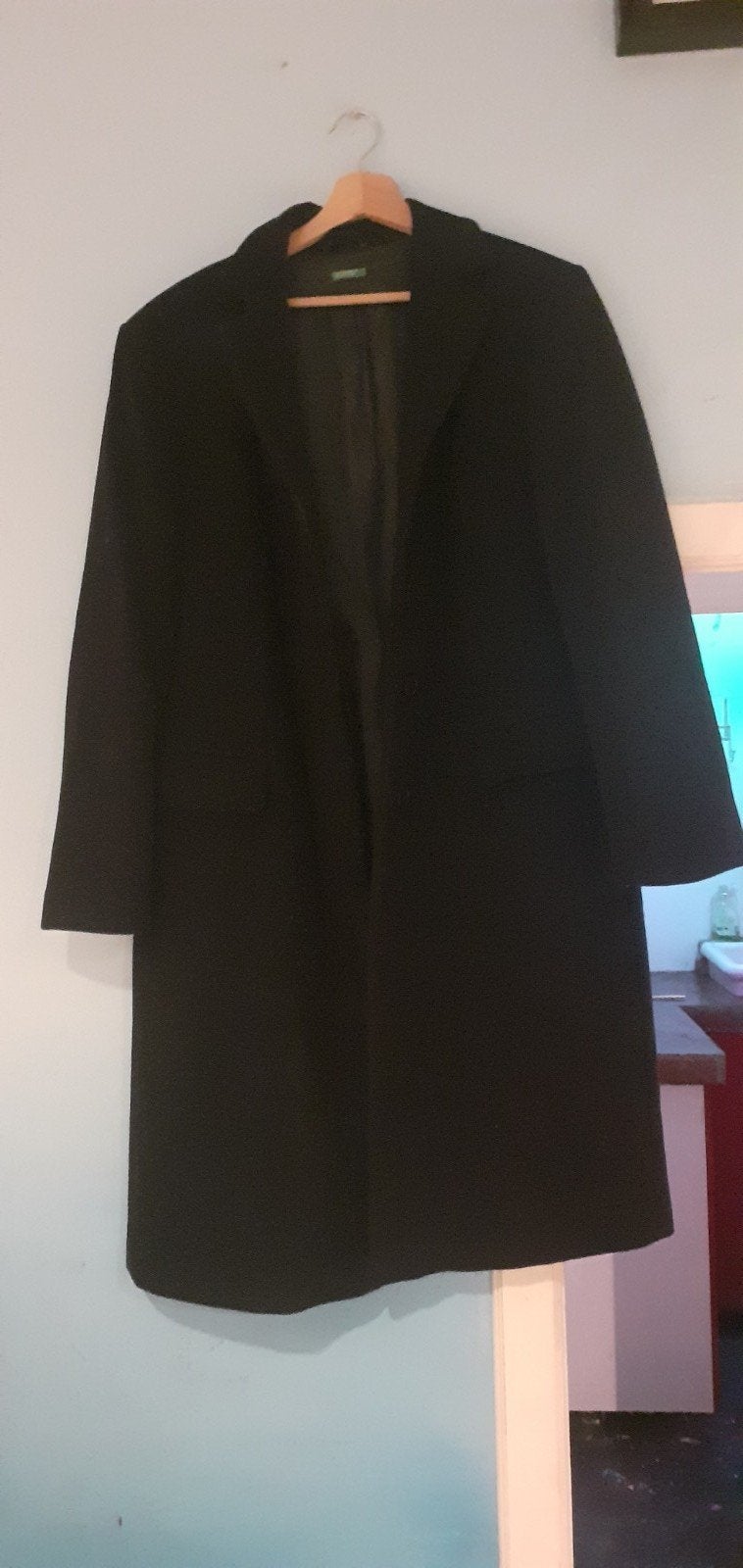 Zwarte United Colors of Benetton manteljas/overcoat, Ophalen, Zwart, Maat 42/44 (L), Zo goed als nieuw