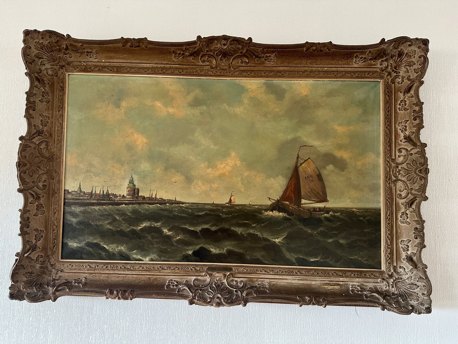 Olieverfschilderij: Schepen op woelige zee, 19e eeuw, Ophalen
