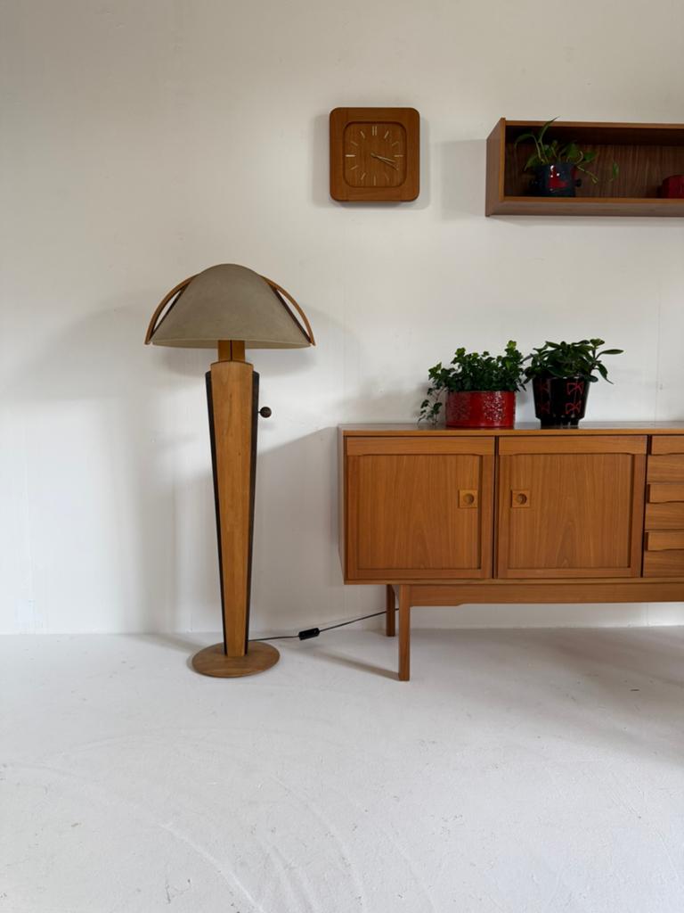 Vintage verstelbare elzenhouten vloerlamp, Domus ‘80, Gebruikt, Vintage retro buisframe design rotan webbing papercord deens, 100 tot 150 cm