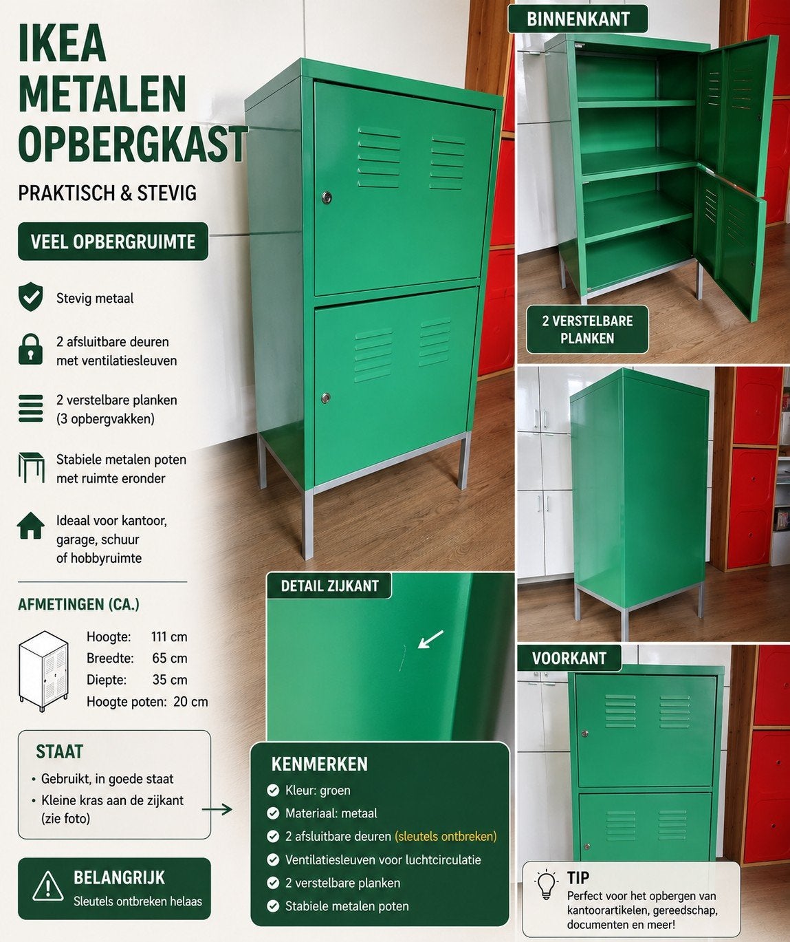 IKEA PS Locker kast groen metaal – vintage, Ophalen, Gebruikt, Industrieel