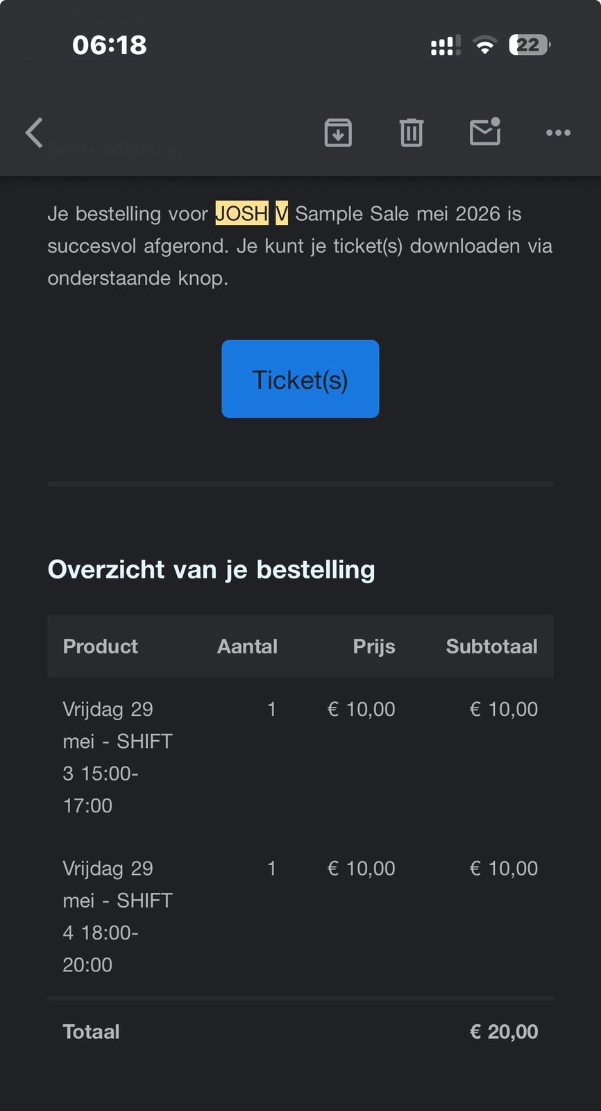 Tickets Josh V sample sale twee shifts achterelkaar, Twee personen