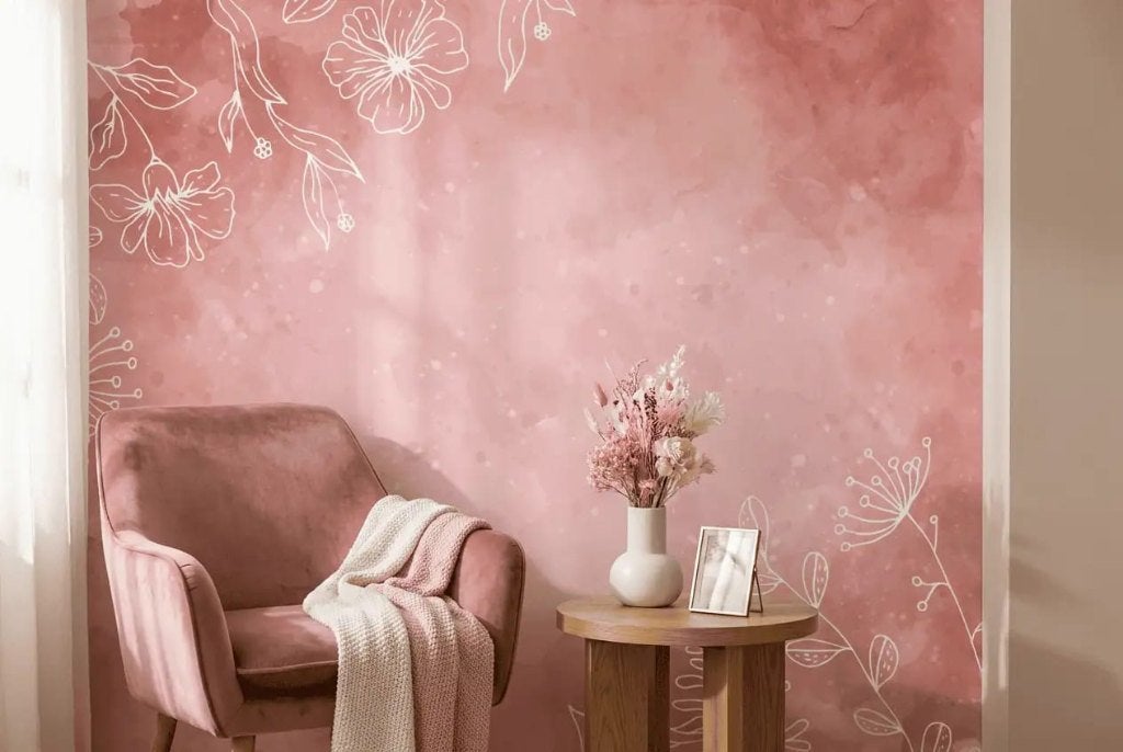 Bloemen behang – oudroze aquarel met fijne witte bloemen, Bloemen, Overige merken, Ophalen of Verzenden, Fotobehang