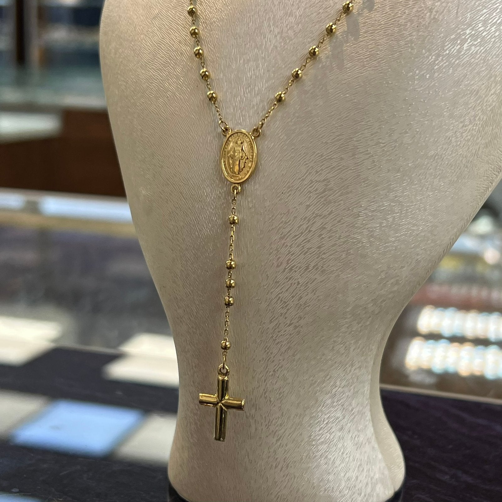 14 karaat gouden rozenkrans ketting schakel kruis, Ophalen of Verzenden, Zo goed als nieuw, Goud