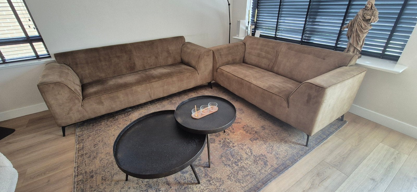 Set van 2 en 3 persoons velvet groene banken, Ophalen, Gebruikt, 75 tot 100 cm, Rechte bank