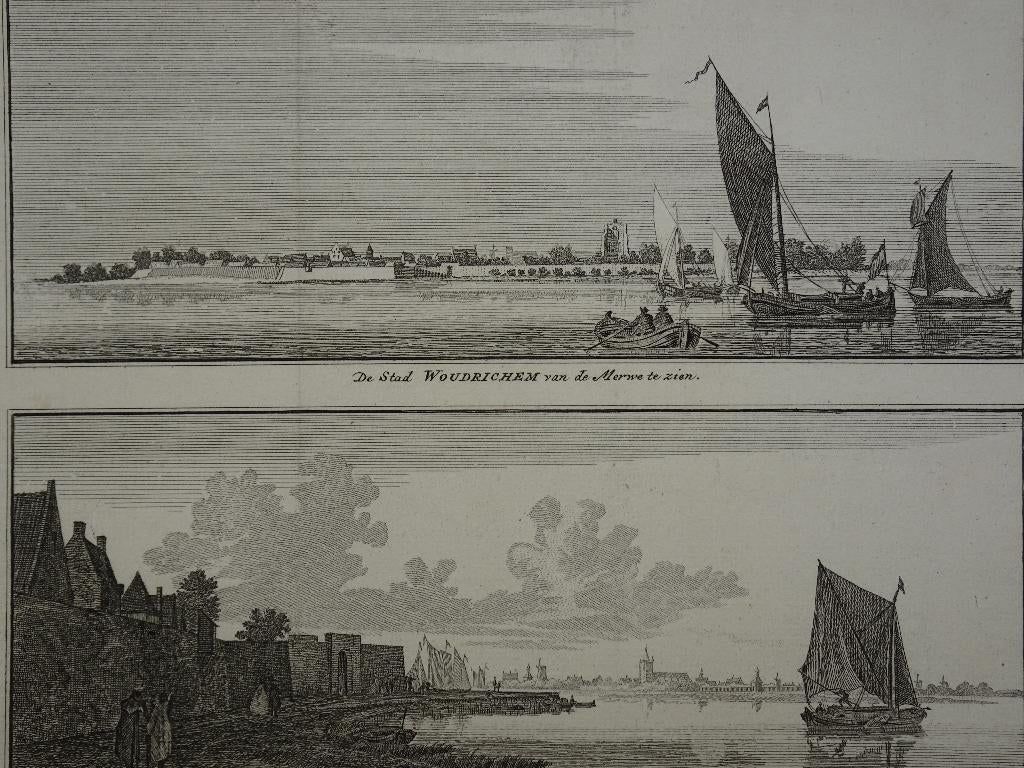 gravure stad en waterpoort Woudrichem, Spilman 1750, Antiek en Kunst, Kunst | Etsen en Gravures, Verzenden, Stadsgezicht, Origineel