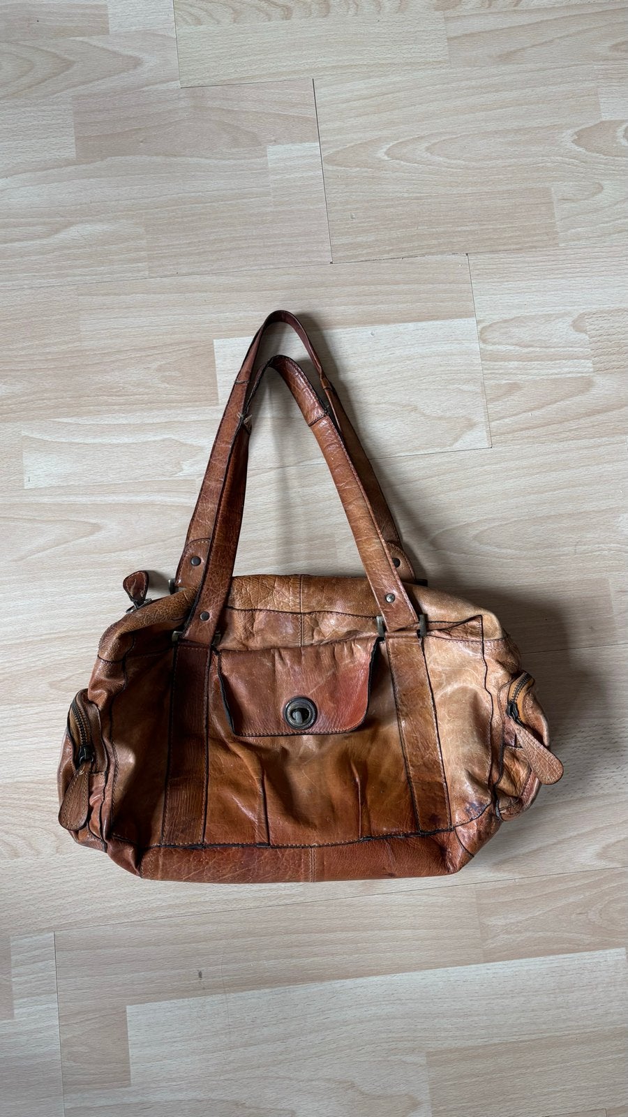 Vintage Leren Handtas - Pieces Accessoires, Sieraden, Tassen en Uiterlijk, Ophalen of Verzenden, Gebruikt, Bruin, Handtas