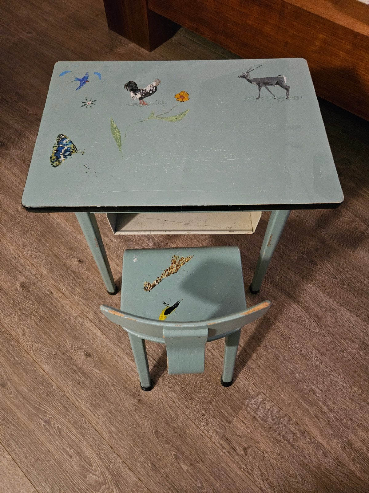Vintage kinderbureau met stoel - lichtblauw, Ophalen