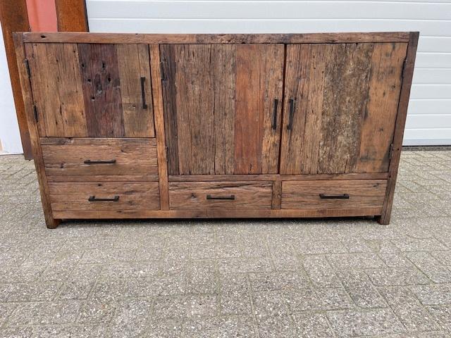 Dressoir 160 cm massief oud hout 4 lade 3 deuren voorraad., 100 tot 150 cm, Nieuw, Dressoir 160 cm massief oud hout 4 lade 3 deuren voorraad.