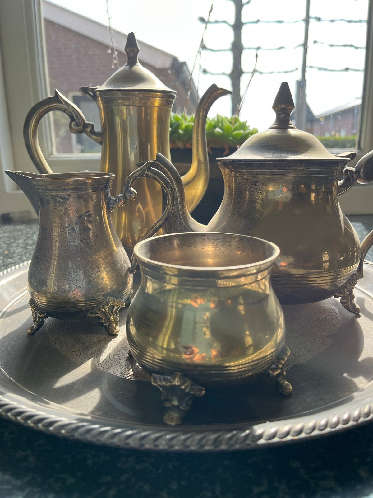 Verzilverde theeset / koffieset (EPNS) met dienblad, Ophalen