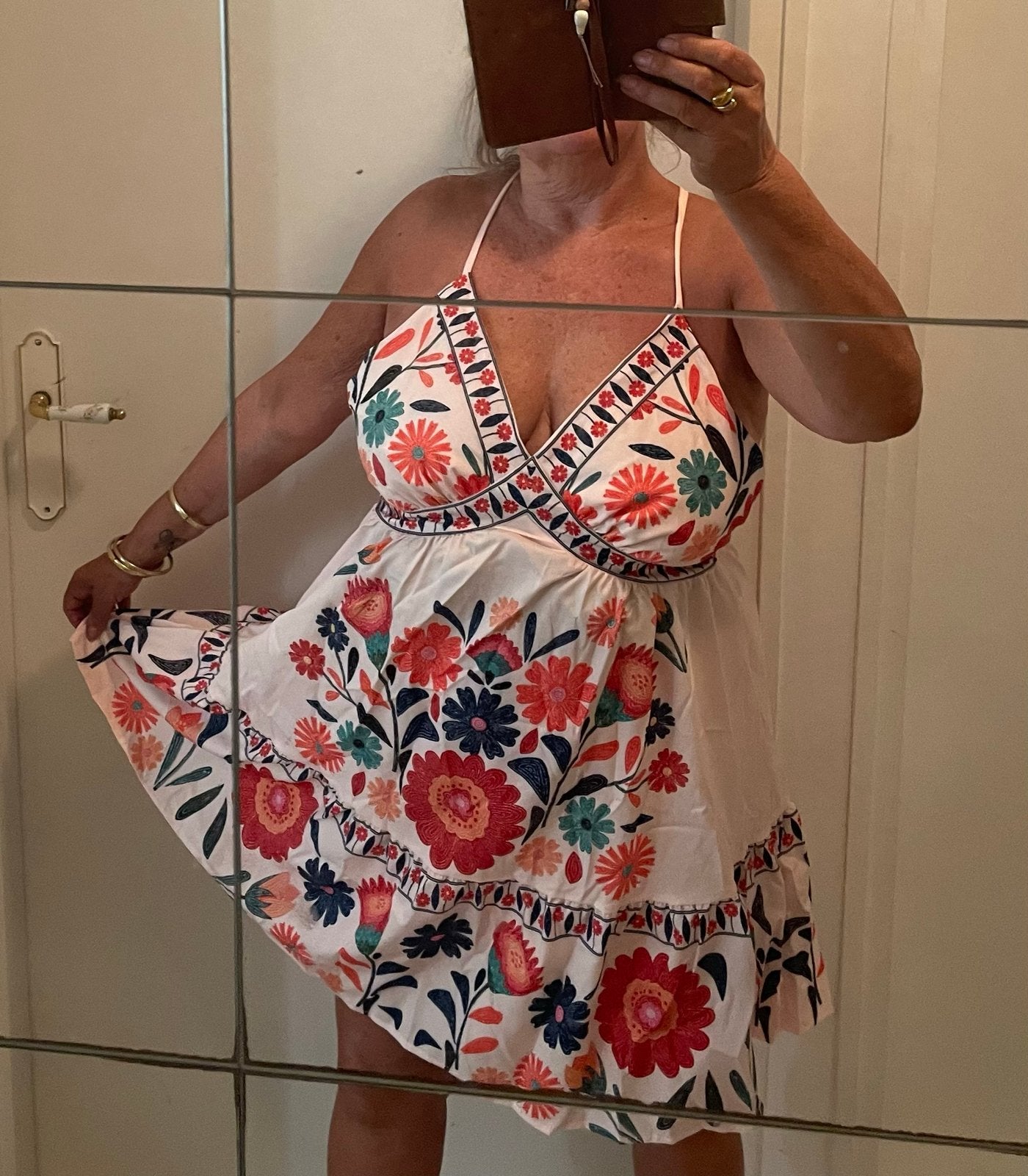Zomers jurkje crème met bloemen - Maat 44, Beige, Maat 42/44 (L), Ophalen of Verzenden, Zo goed als nieuw