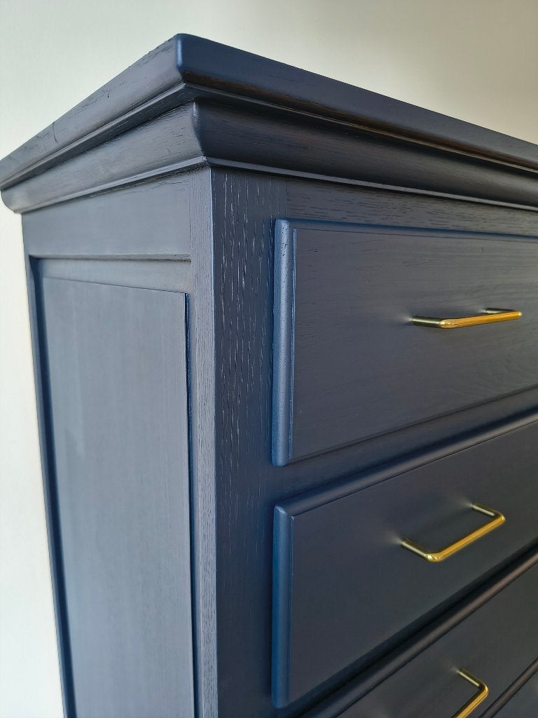Massief Eiken Ladenkast – Dark blue & Gold, 5 laden of meer, 100 tot 150 cm, Zo goed als nieuw, Hotel Chic