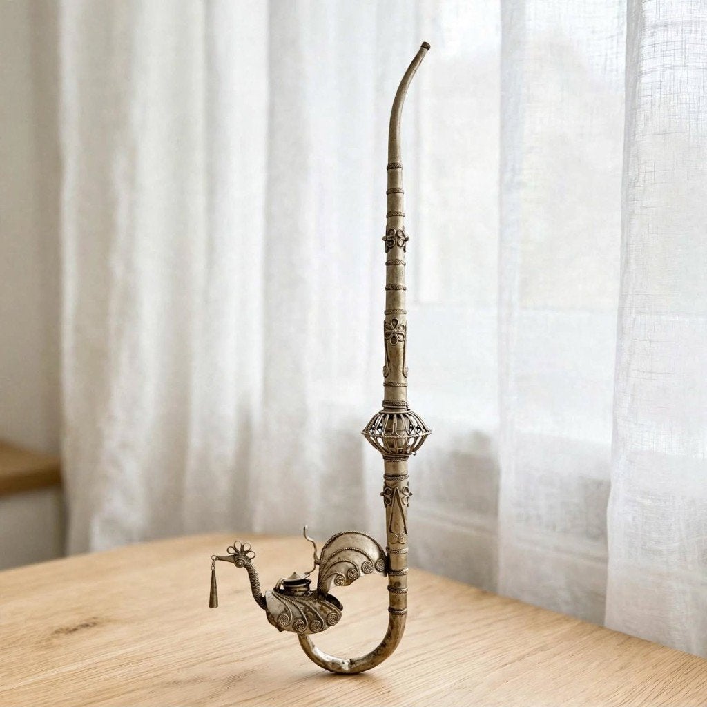 Antieke Berber Pauwen Pijp - Zilver Filigraan Sebsi - 33cm, Antiek en Kunst, Ophalen of Verzenden, Zilver