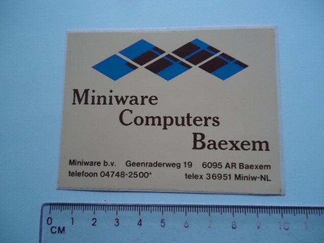 sticker oud MINIWARE Computers BAEXEM Leudal limburg pc retr, Ophalen of Verzenden, Zo goed als nieuw, Bedrijf of Vereniging