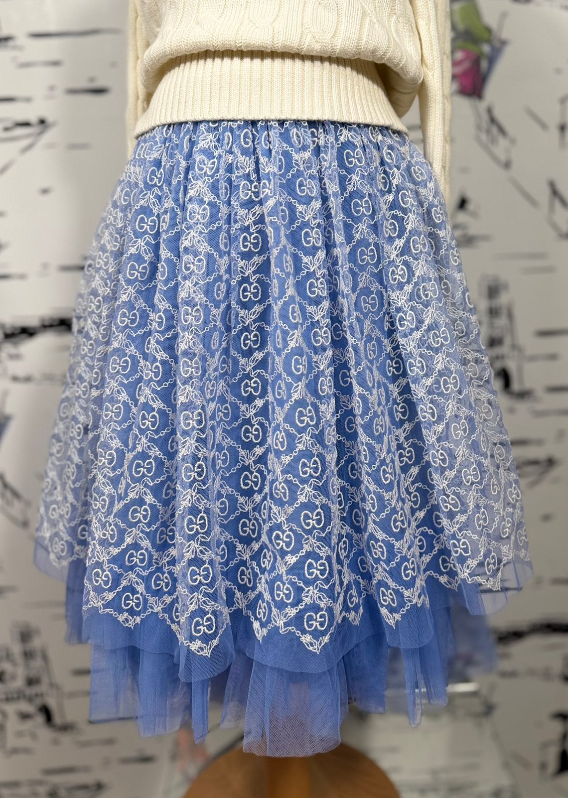 Gucci GG Garland blauwe tule rok maat 8 (750 euro)