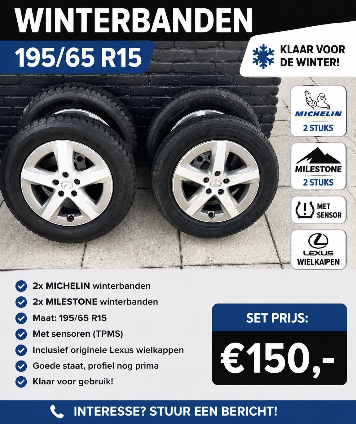 Winterbanden 195/65 R15, Ophalen of Verzenden, Zo goed als nieuw