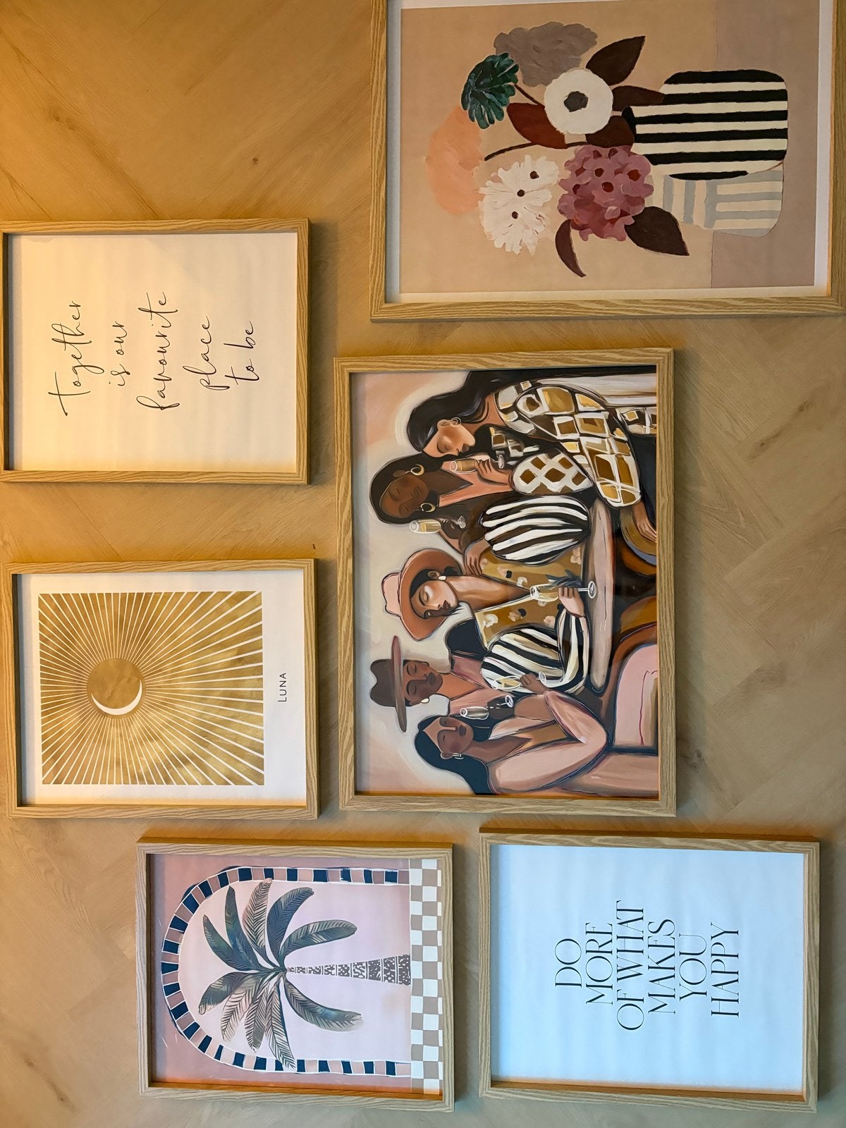 Luxe fotoserie: 6 posters in houten lijsten, warme kleuren, Huis en Inrichting, 50 – 75, Nieuw, Ophalen of Verzenden, Foto of Poster