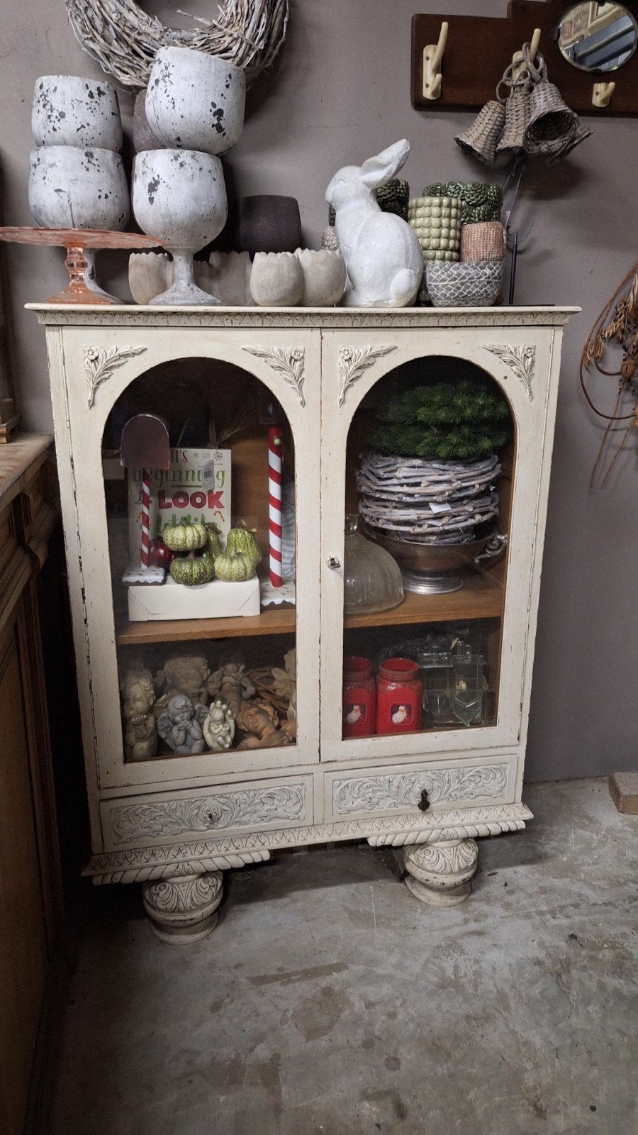 Brocante vitrine vitrinekast whitewash., Ophalen, 25 tot 50 cm, 50 tot 100 cm, Minder dan 100 cm
