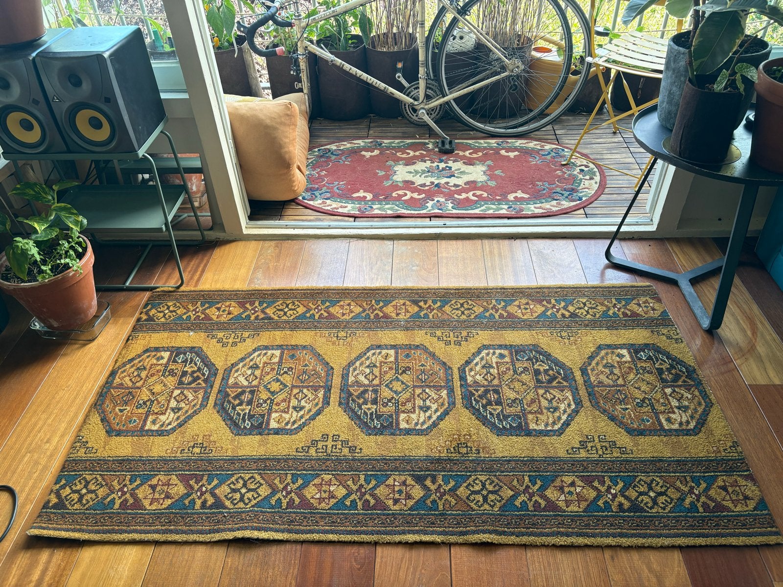 Vintage Oosters Vloerkleed - Geel/Blauw/Bruin - 170x88 cm, Ophalen, Gebruikt, Geel, 50 tot 100 cm