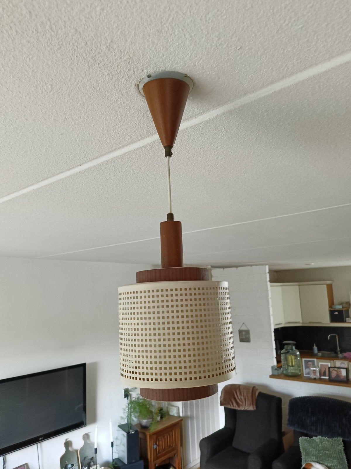 Vintage Herda  Hanglamp - Teakhout en geperforeerd kunststof, Hout, Gebruikt, Herda, Vintage, Mid Century modern, Retro, E27 (groot)