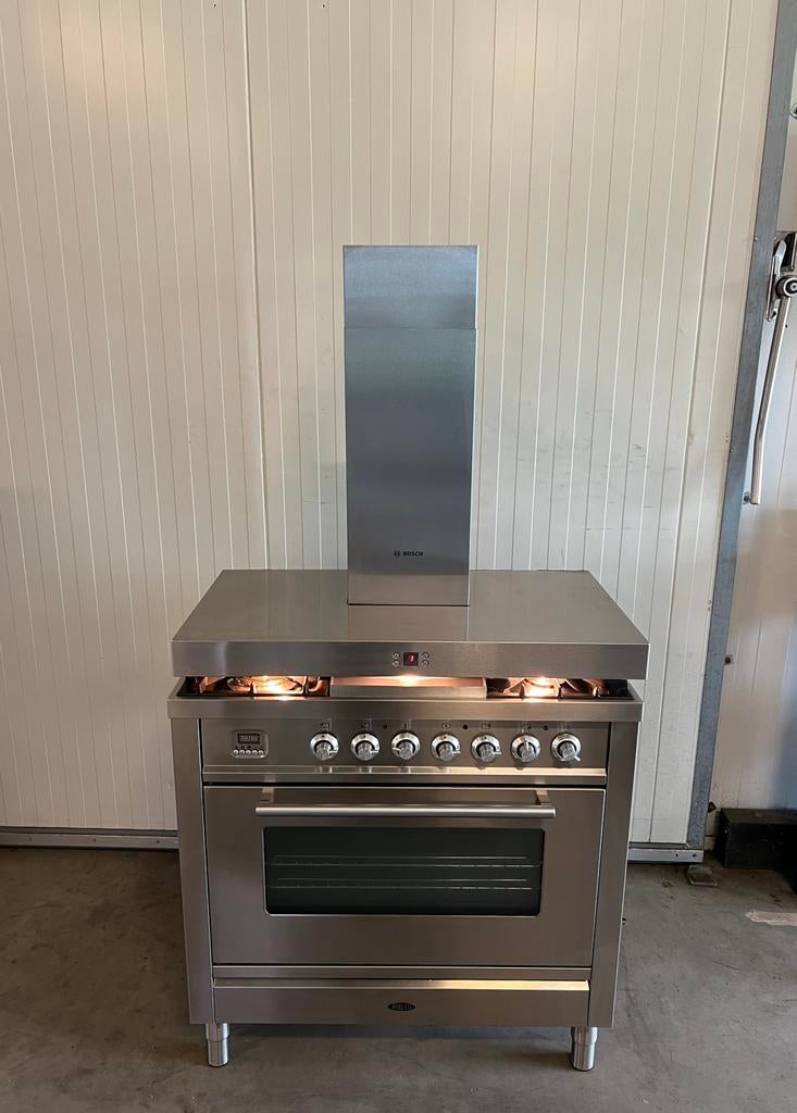 Luxe Boretti fornuis 5 pits rvs inclusief afzuigkap - 90 cm, 60 cm of meer, Ophalen of Verzenden, Zo goed als nieuw, Gas