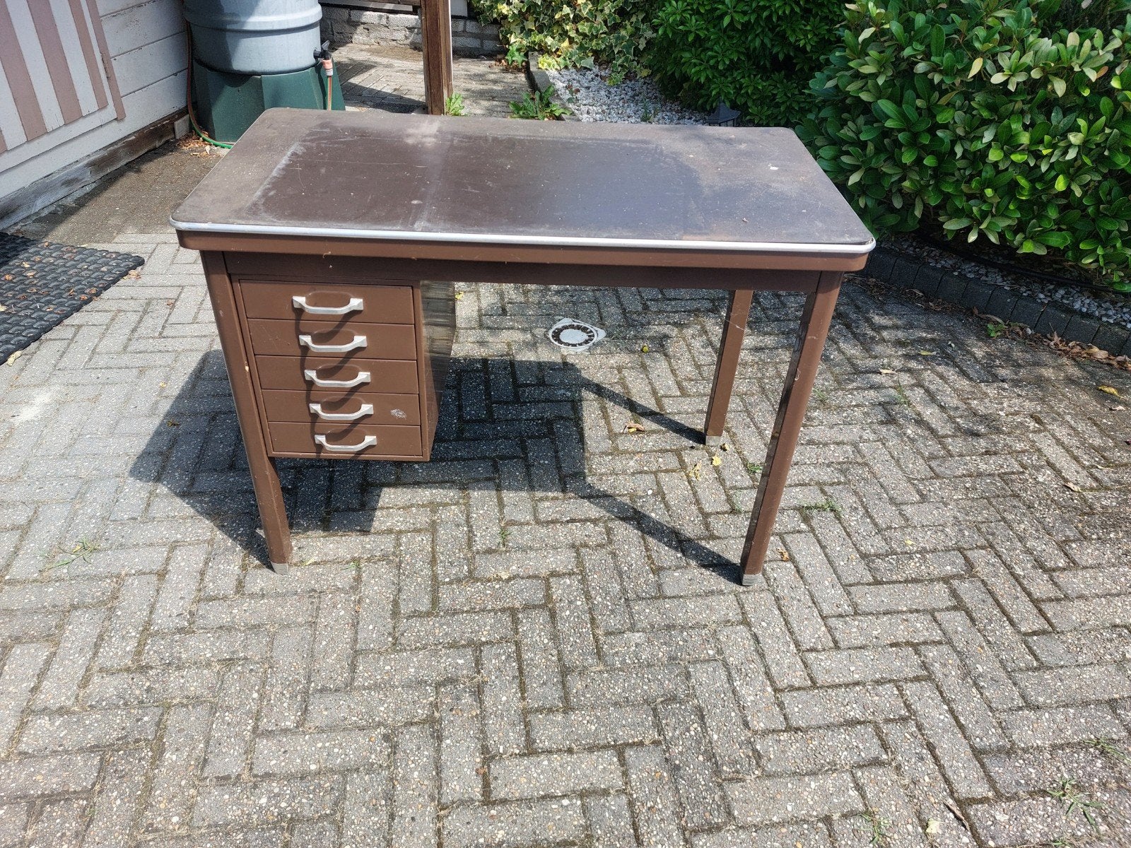 Stalen bureau met lades - Vintage bruin, Ophalen, Gebruikt, Metaal, Bruin