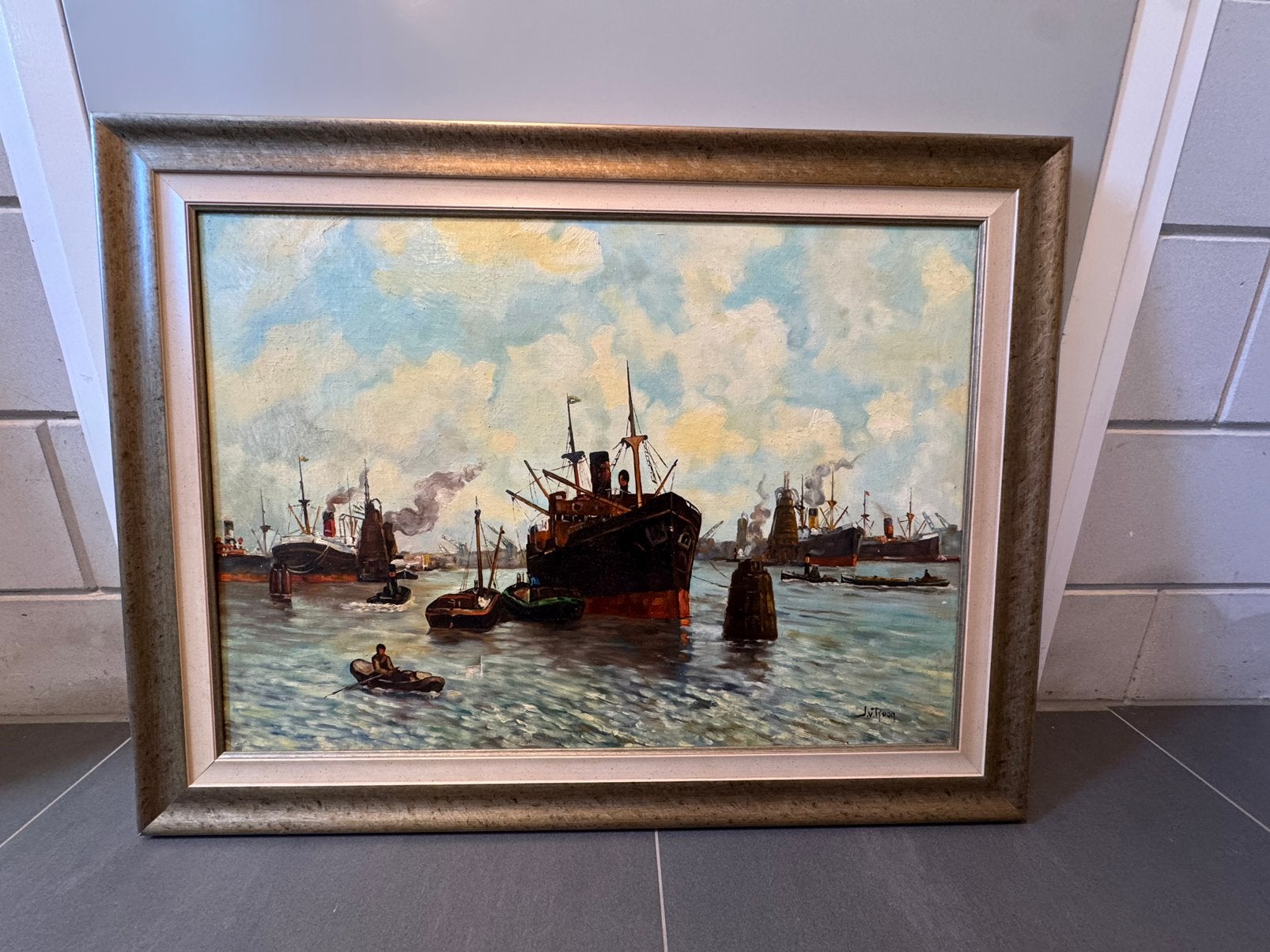 Schilderij Havenzicht inclusief lijst ts koop, Antiek en Kunst, Maritiem / water, Doek, Ophalen of Verzenden, Klassiek