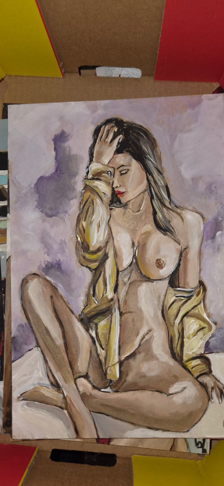 Modern schilderij van een vrouw, 25x15 cm, Ophalen of Verzenden, Overige materialen, Olieverf, Figuren