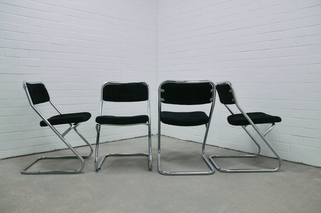 set x4 chromen buisstoelen zwarte rib, Gebruikt, Zwart, Vintage, Ophalen of Verzenden