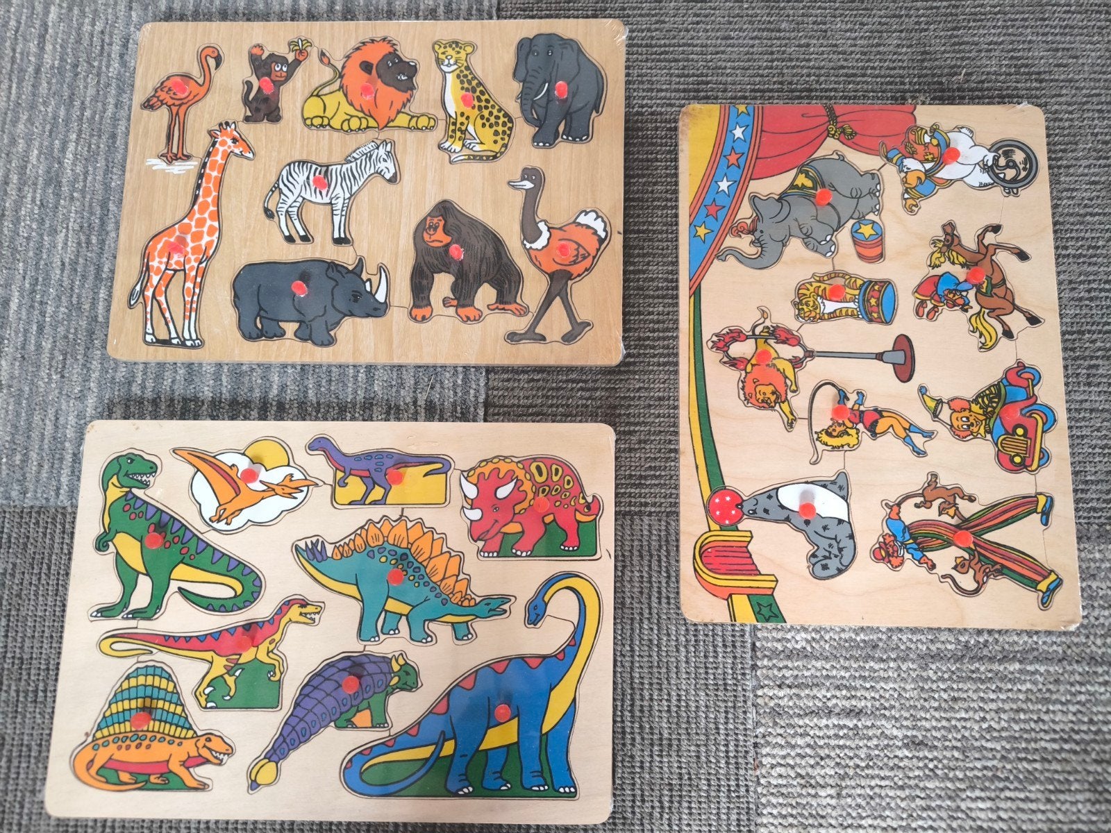 3 houten insteekpuzzels, nieuw (Dieren, Circus en Dinos), Ophalen, 2 tot 4 jaar, 10 tot 50 stukjes, Nieuw