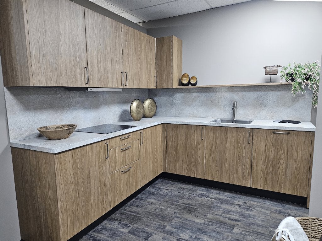 Showroomkeuken in hoekopstelling met houtlook front, Huis en Inrichting, Nieuw, 200 cm of meer, Werkstraße 3 32289 Rödinghausen Duitsland