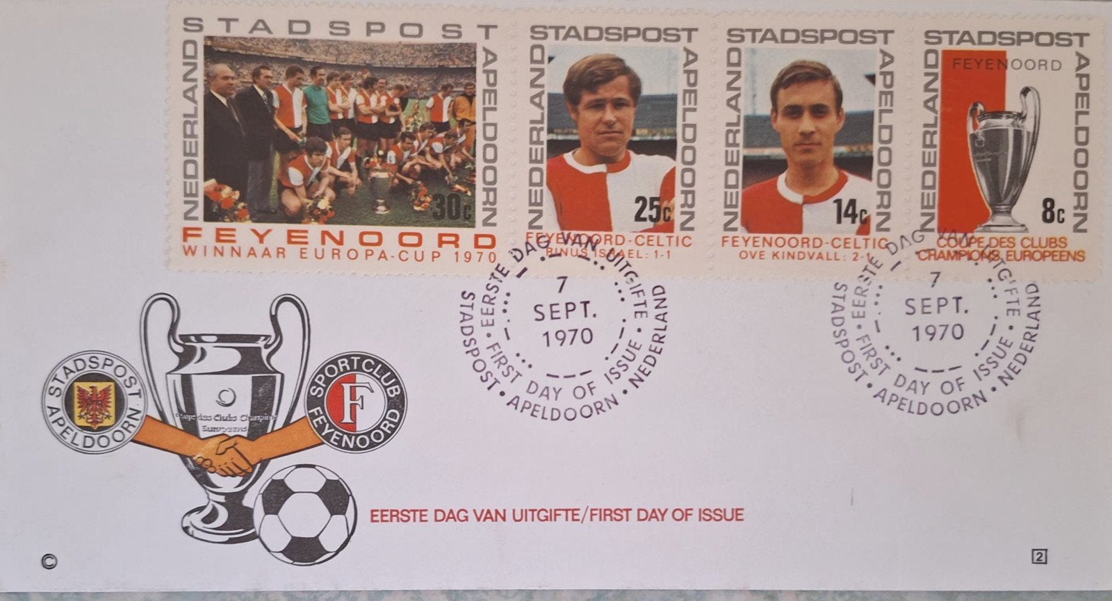 Eerste dag envelop stadspost Feyenoord wint Europa Cup 1970, Ophalen of Verzenden