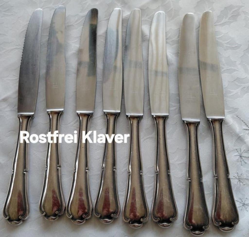 Rostfrei verzilverde grote bewerkte diner messen klaver sign, Antiek en Kunst, Antiek | Bestek, Ophalen of Verzenden