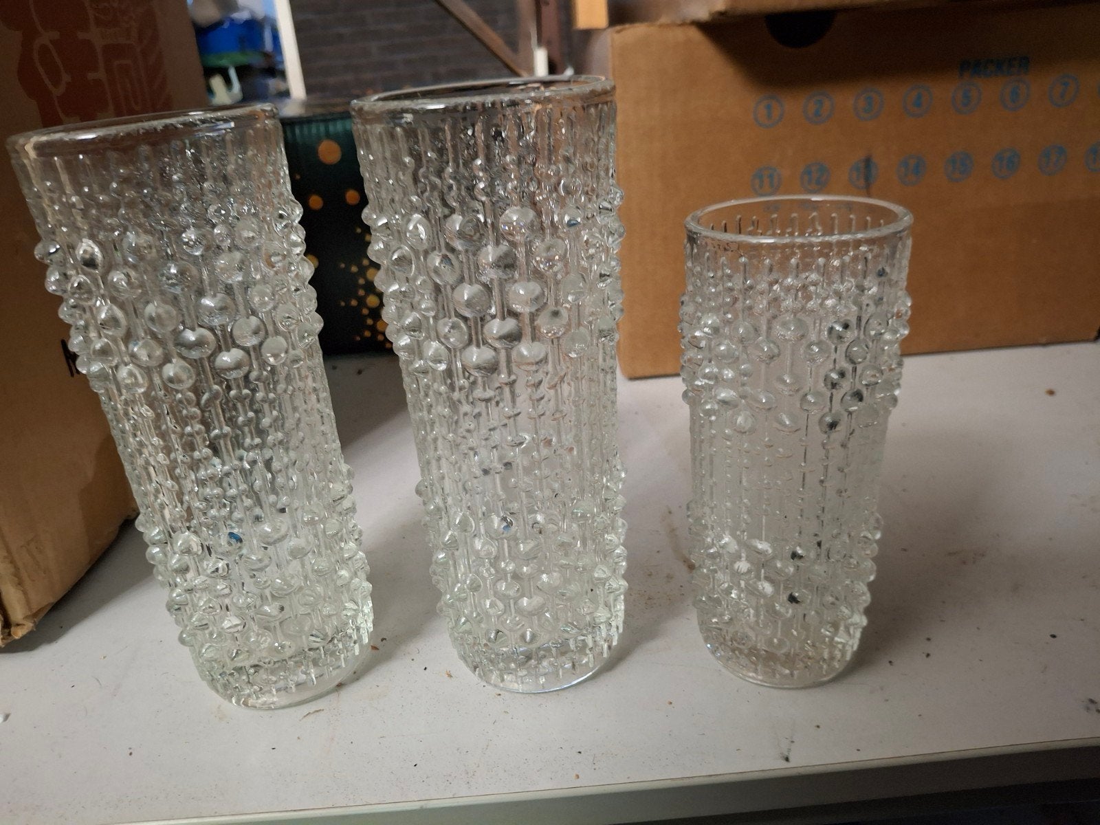 Set van 3 vintage glazen vazen/houders met bubbeltextuur, Ophalen of Verzenden