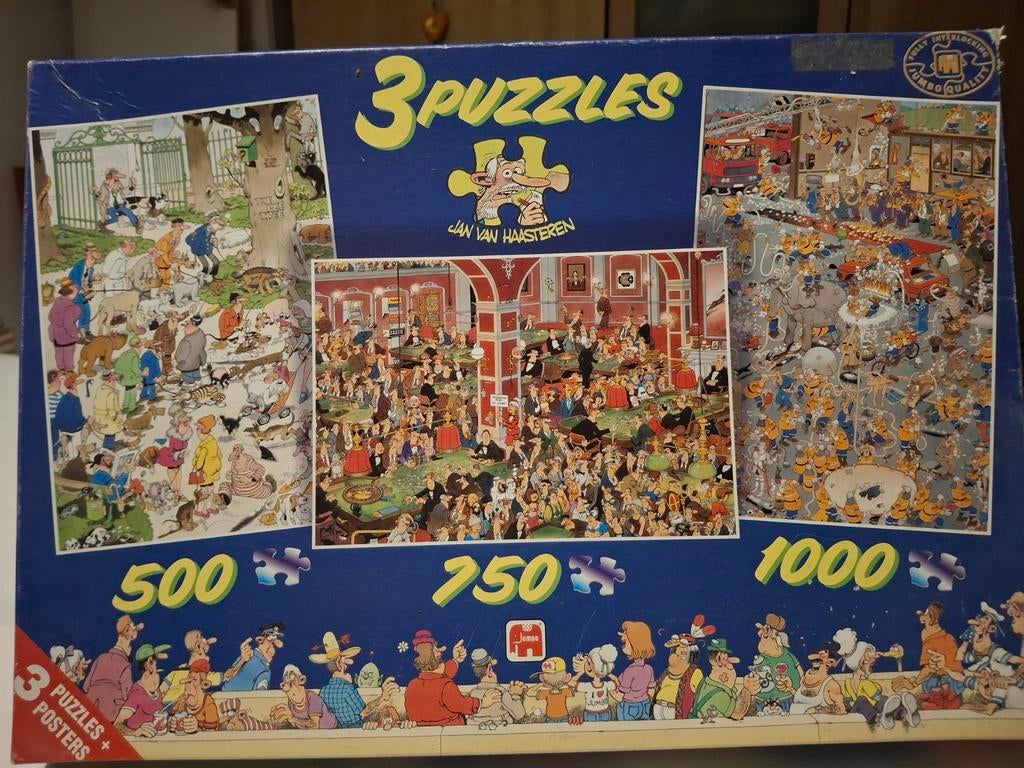 Jan van Haasteren 3 puzzels in 1 doos, Ophalen, 500 t/m 1500 stukjes, Zo goed als nieuw