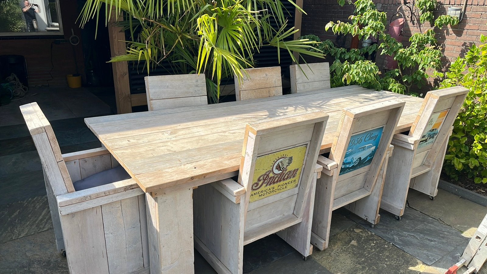 Tuinset van steigerhout 8 stoelen, Ophalen, Zo goed als nieuw, Steigerhout
