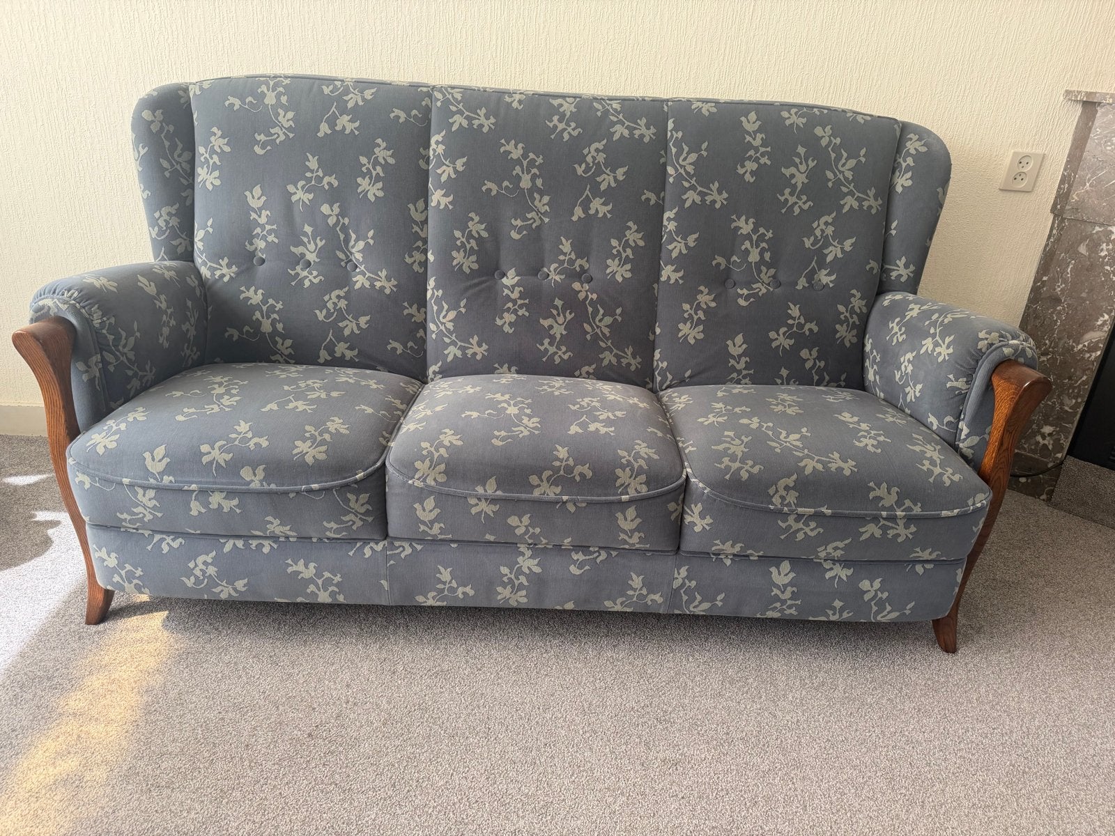 3 persoons vintage  bank en 2 Fauteuils en Voetenbankje, Ophalen, Gebruikt, 75 tot 100 cm, 75 tot 100 cm