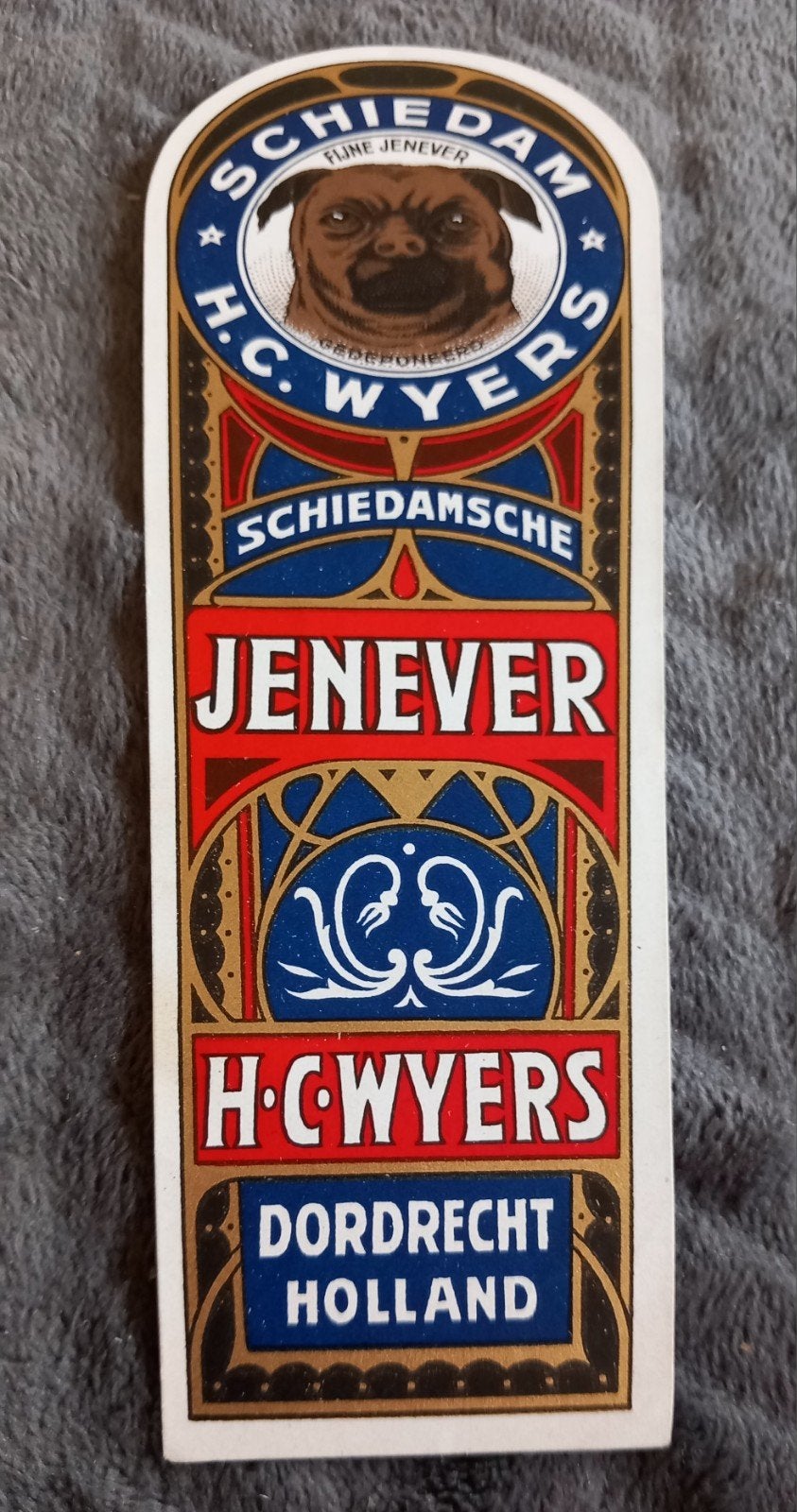 Vintage H.C. Wyers Schiedam Fijne Jenever etiket Mopshond, Ophalen of Verzenden, Zo goed als nieuw, Overige typen