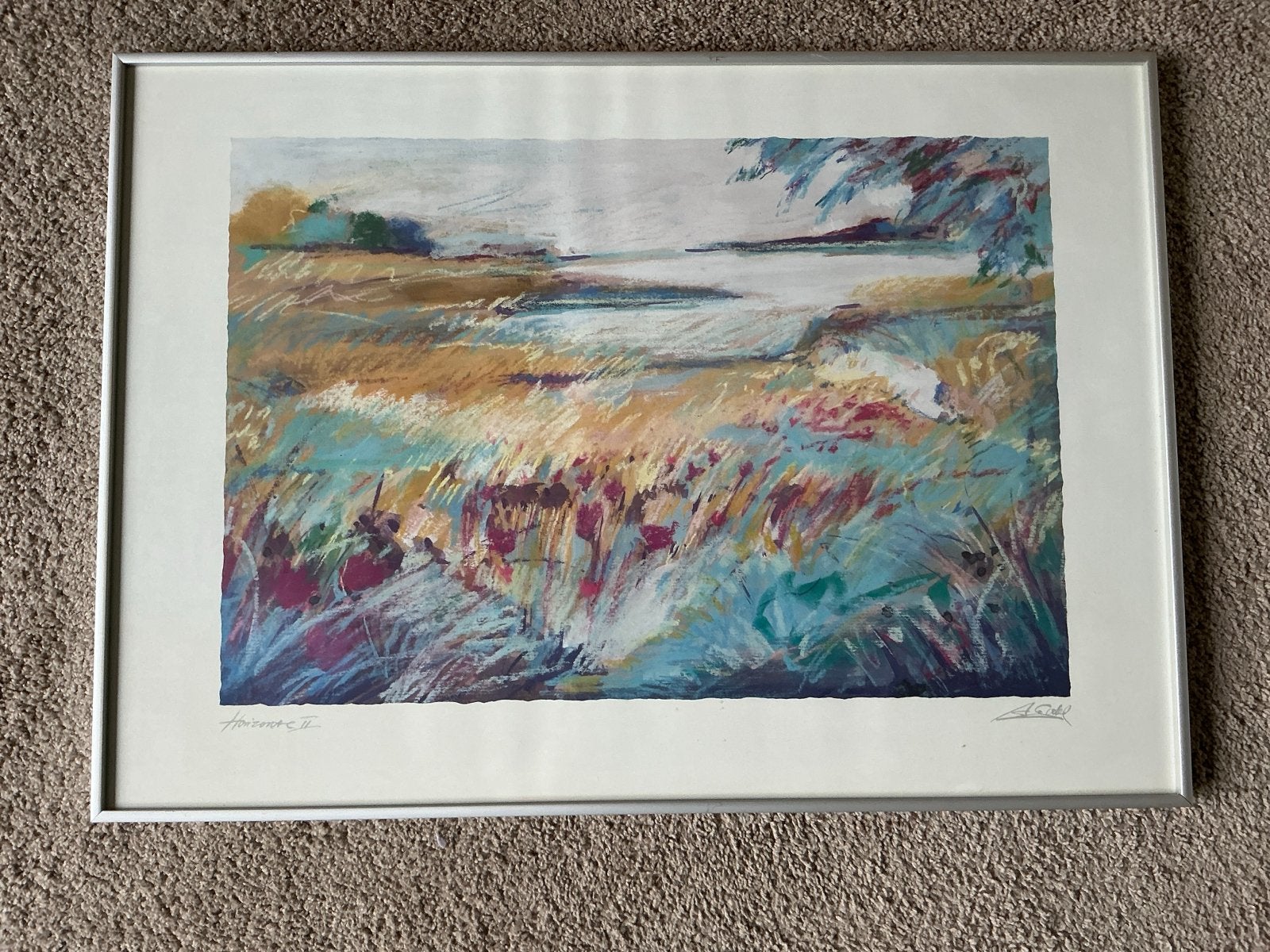 Abstract Landschap / alumunium lijst 50x70, Abstract, Ophalen of Verzenden, Gesigneerd, Landschap