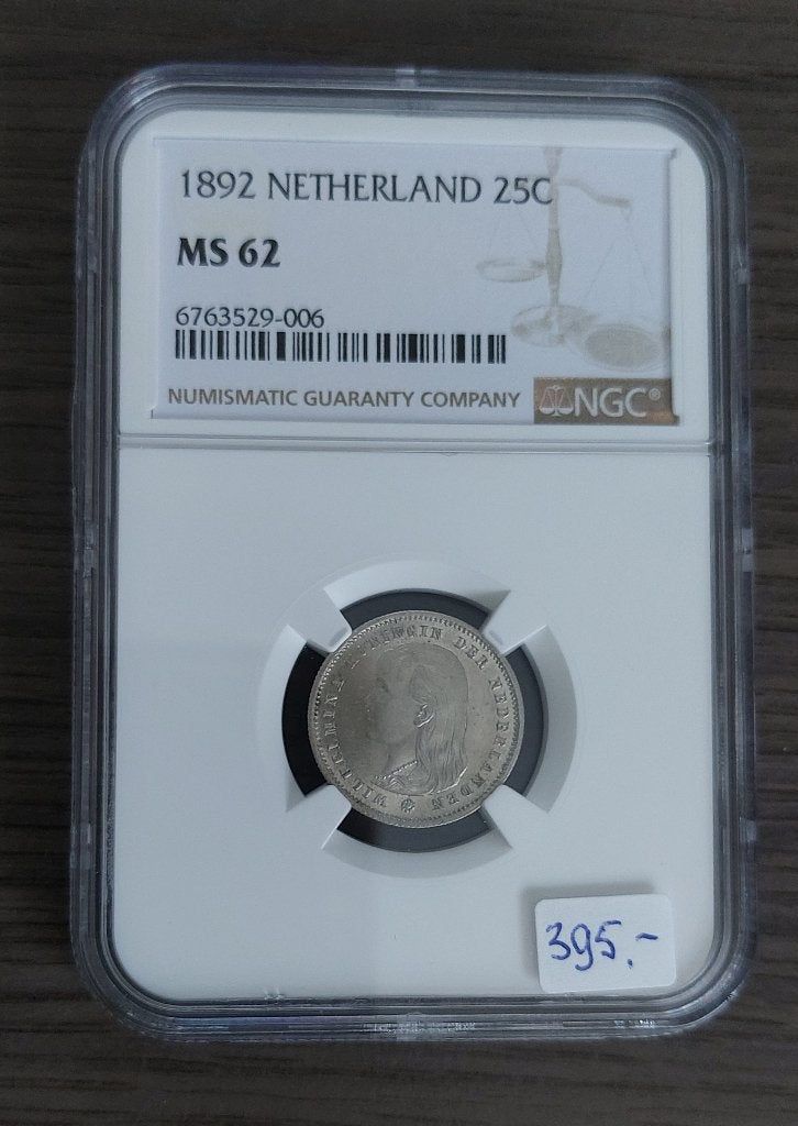 25 cent 1892 in slab NGC MS 62 voor 395 euro, Ophalen of Verzenden, Koningin Wilhelmina, 25 cent, Zilver