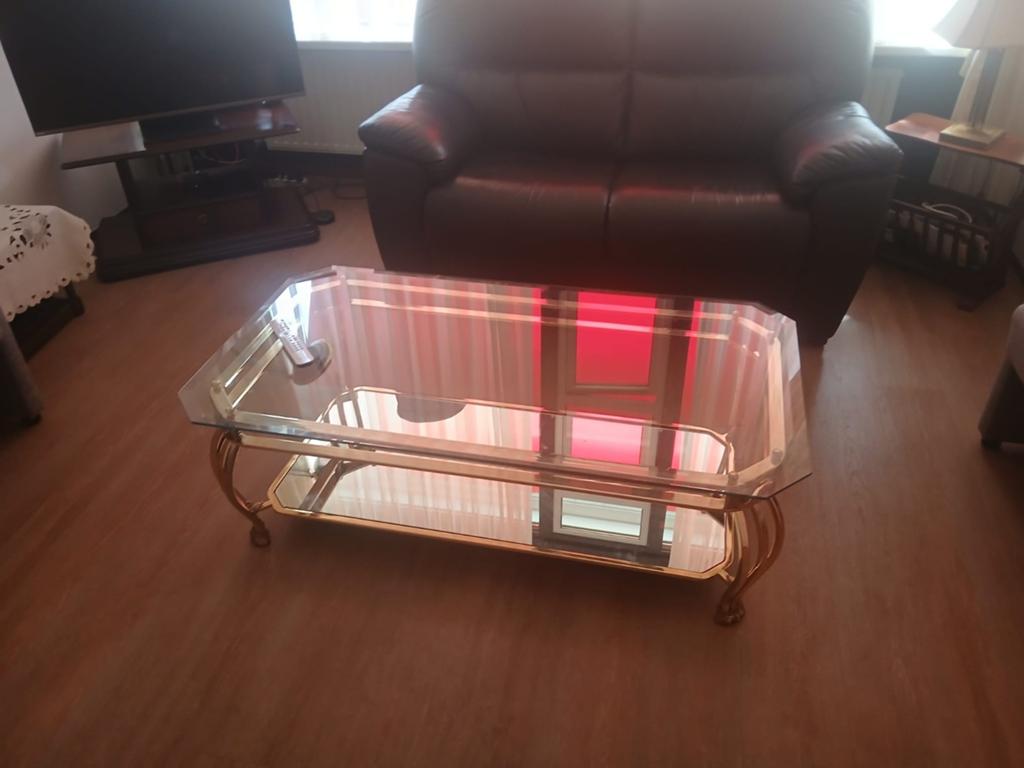 Glazen salontafel met gouden onderstel, Ophalen, 100 tot 150 cm, 50 tot 100 cm, Zo goed als nieuw