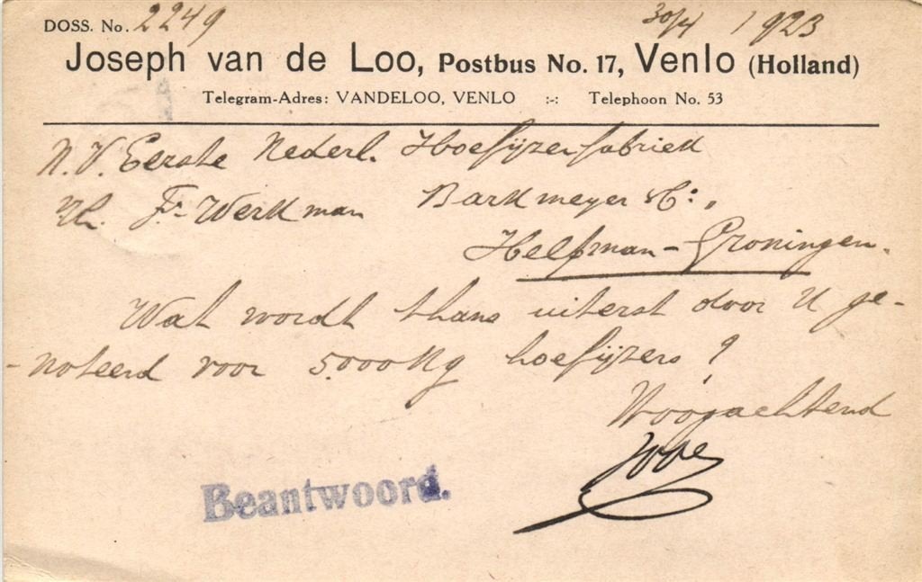 Joseph van de Loo, Venlo - 04.1923 - briefkaart, Ophalen of Verzenden, Briefkaart