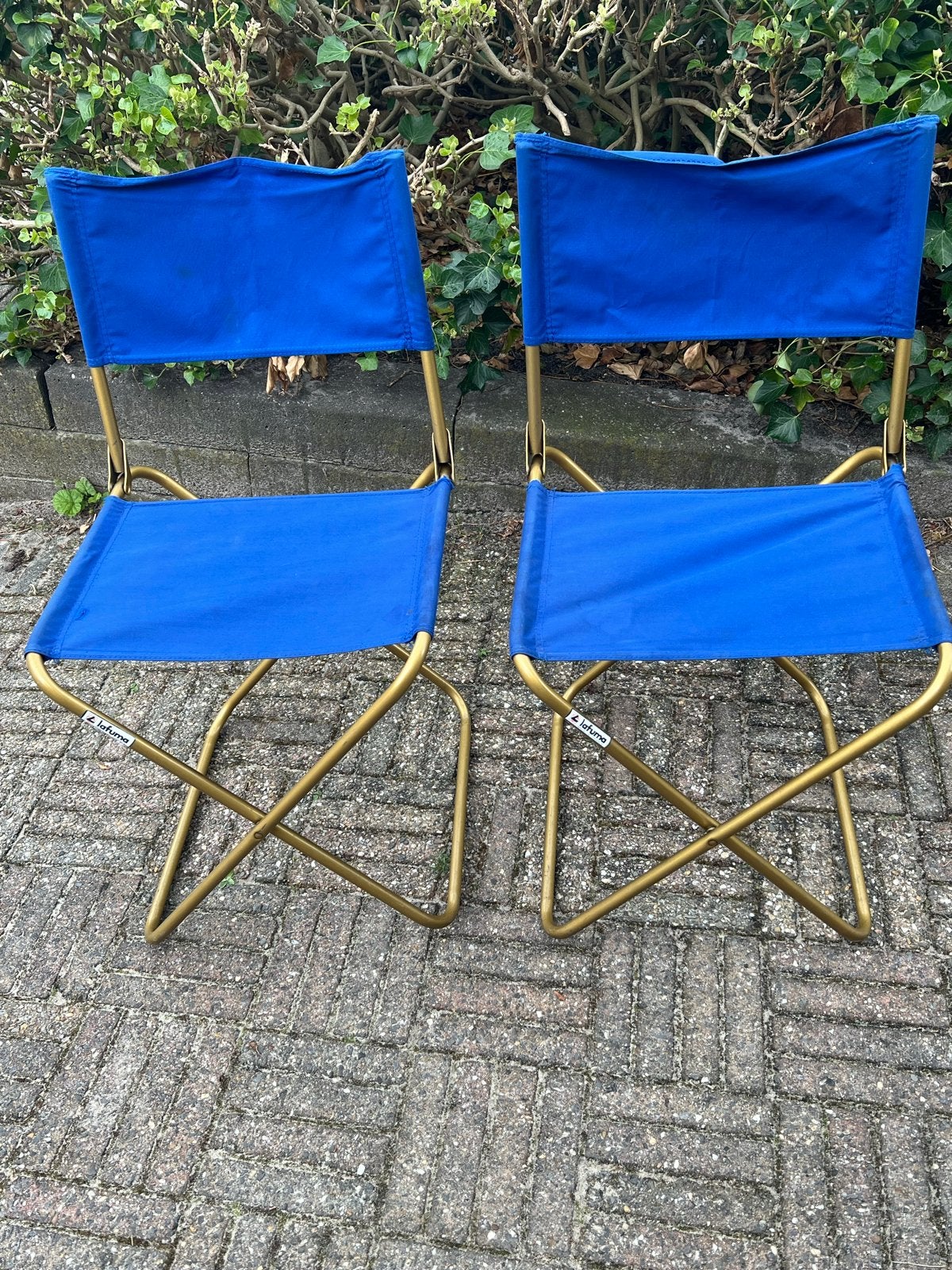 2x Vintage Opvouwbare Campingstoelen - Blauw & Goud, Ophalen of Verzenden, Gebruikt, Campingstoel