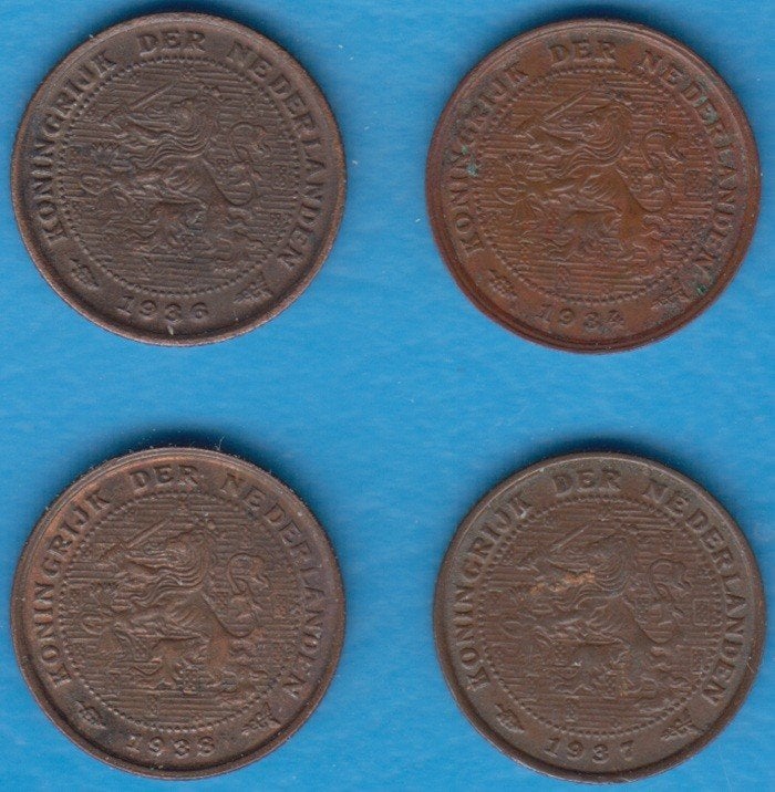 Nederland ½ cent 1934, 1936, 1937, 1938, Sch. 1017 t/m 1020, Verzenden, Koningin Wilhelmina, Overige waardes, Setje