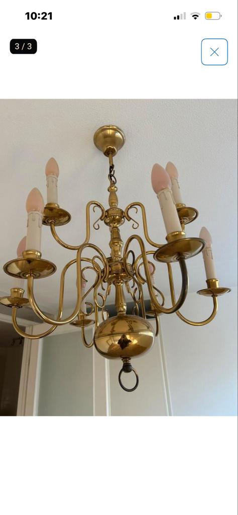 Vintage Messing Kroonluchter met 8 Lichten, Huis en Inrichting, Lampen | Kroonluchters, Ophalen, Gebruikt, Metaal