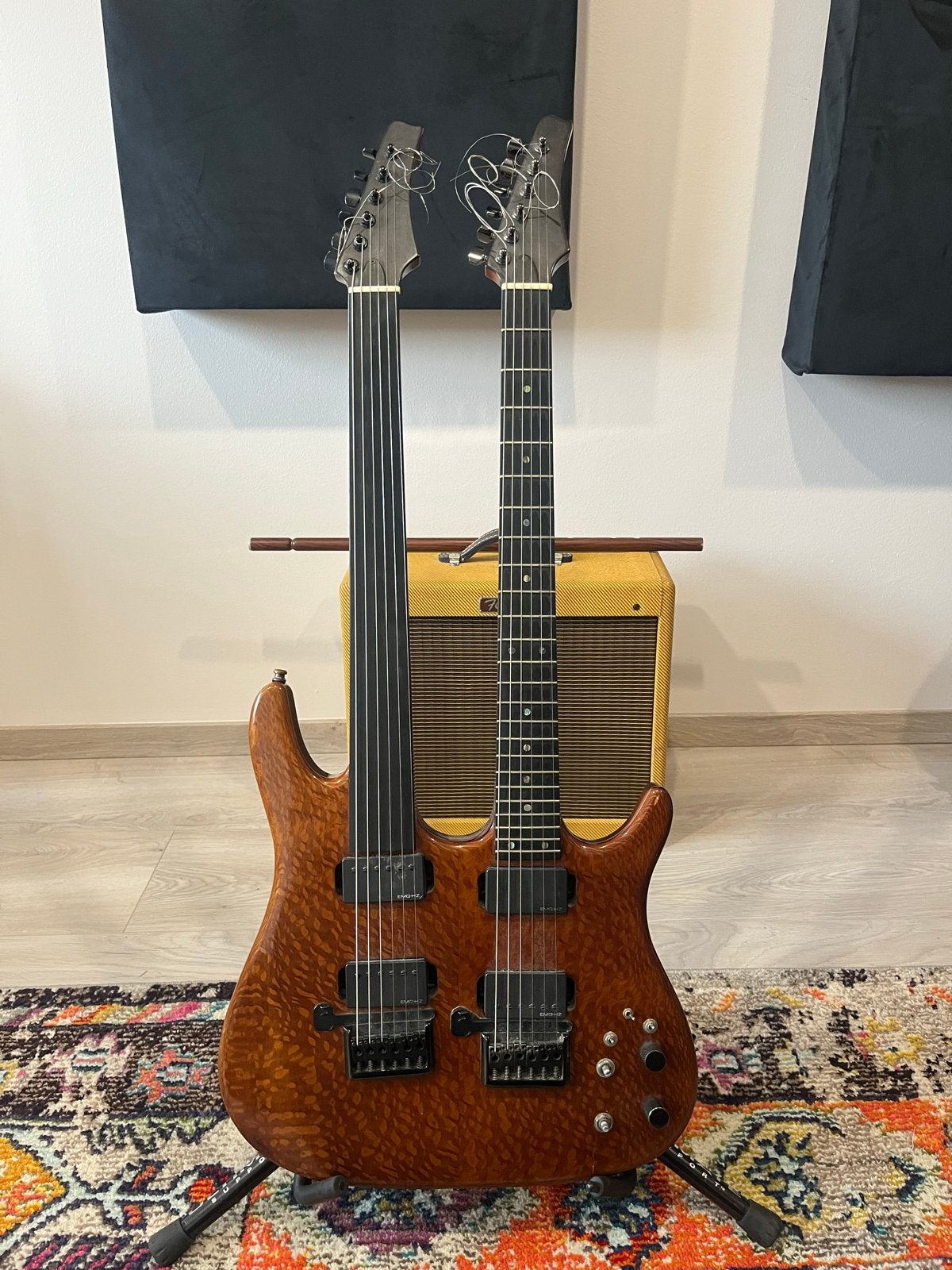 Ekrem Özkarpat Dubbel Neck Gitaar Fretloos/EMG - Custom, Ophalen, Gebruikt, Solid body, Overige merken