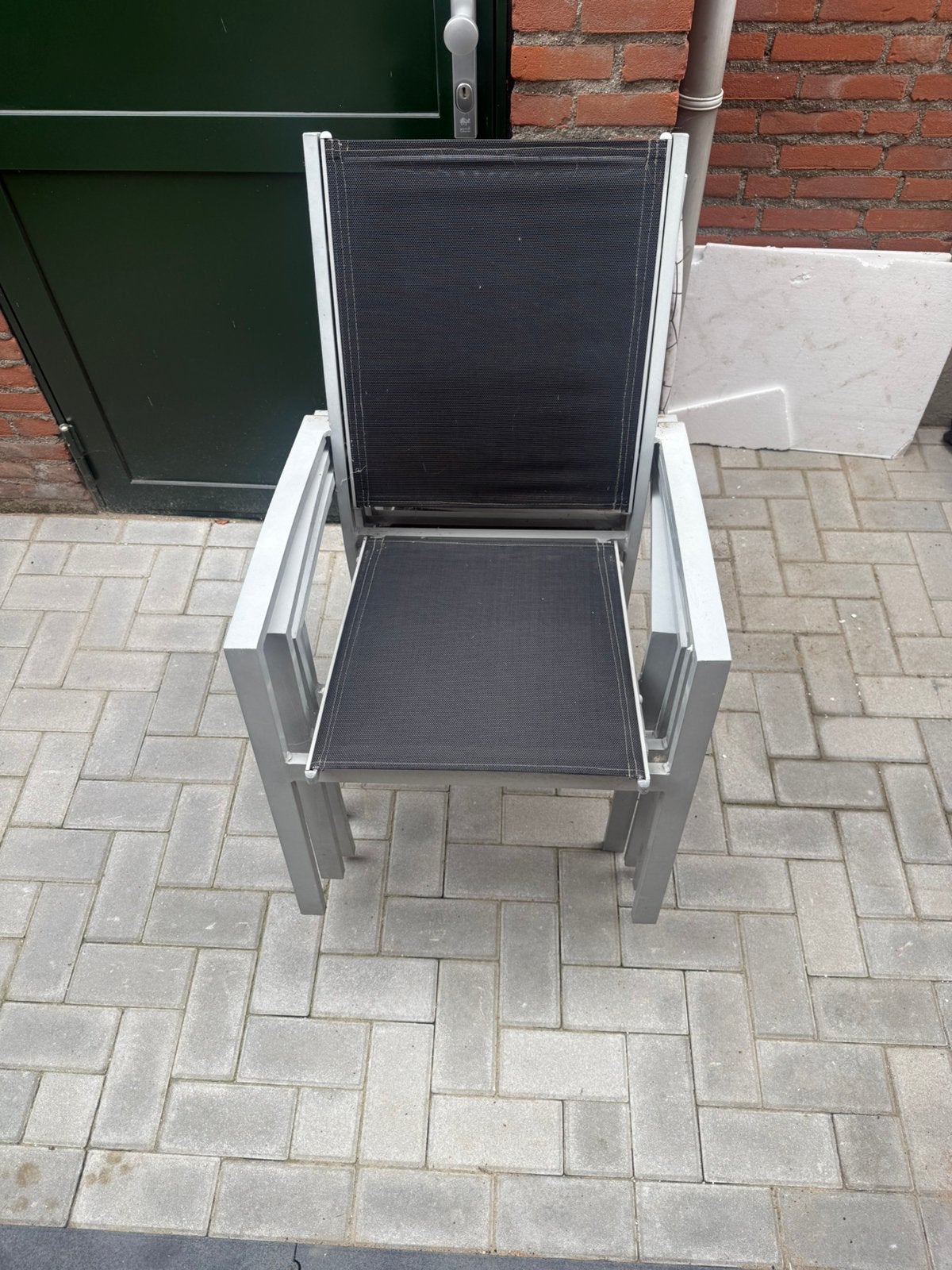 4 stapelbare aluminium tuinstoelen – textileen – nette staat, Ophalen, Zo goed als nieuw, Aluminium