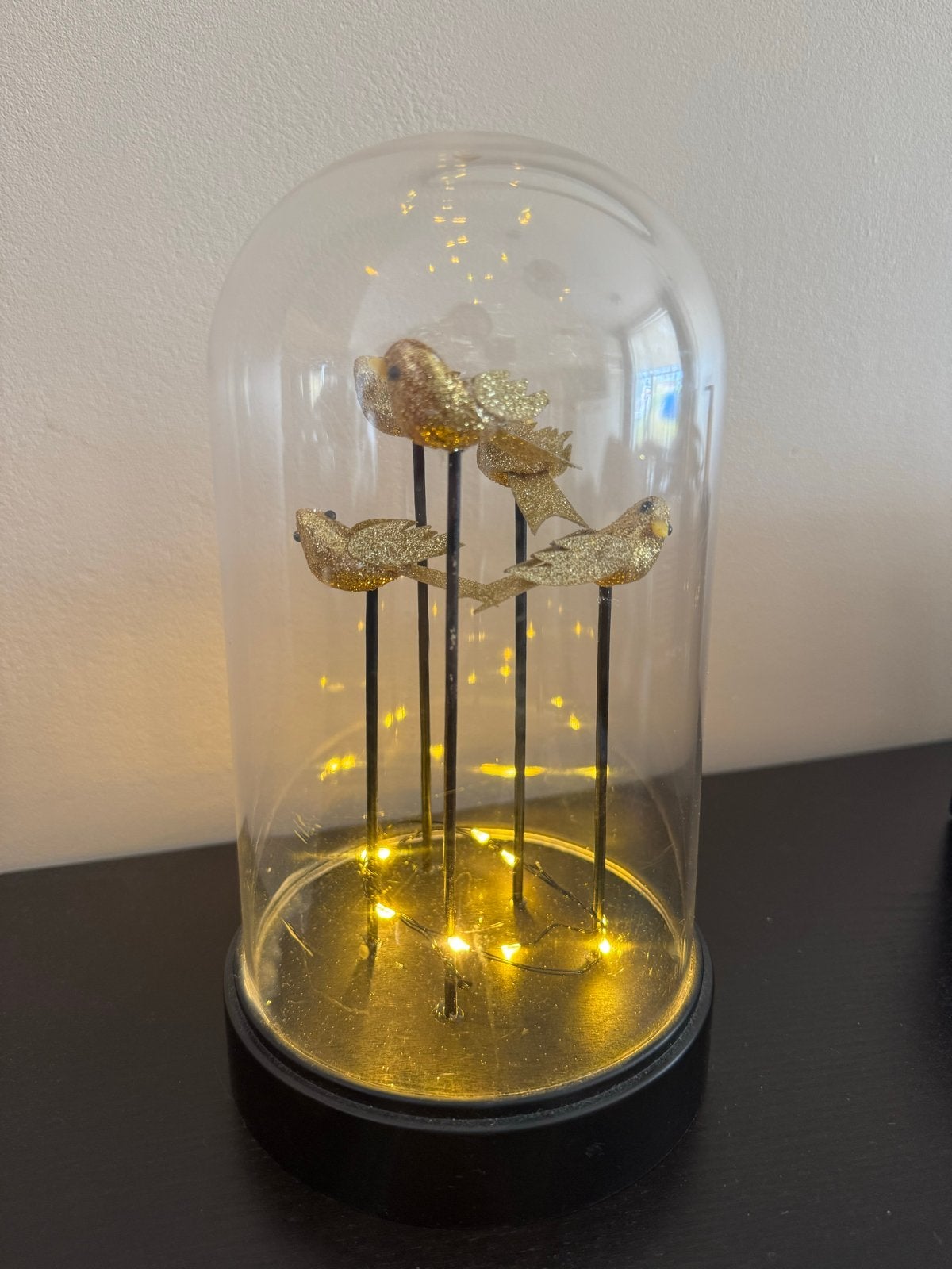 Glazen stolp met gouden vogeltjes en LED verlichting, Huis en Inrichting, Overige stijlen, Ophalen of Verzenden, Zo goed als nieuw